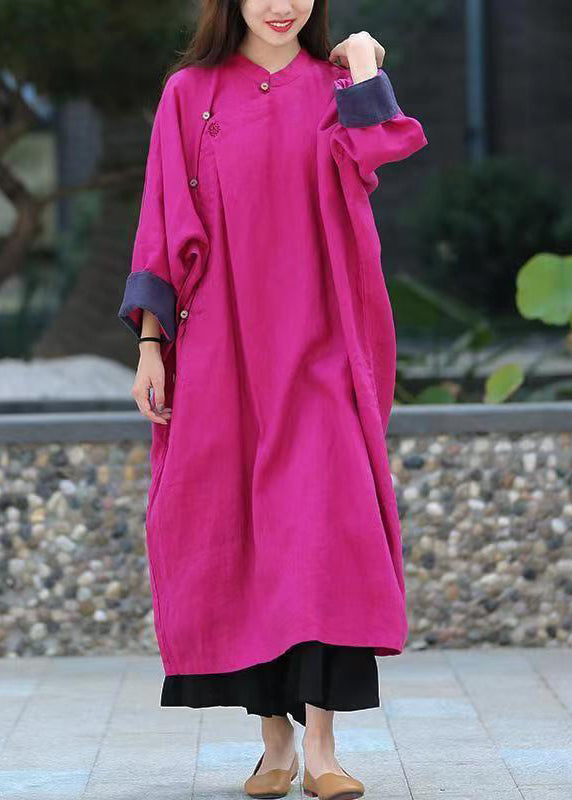 Rose Vintage Loose Linen Gown Button Stand Collar Spring