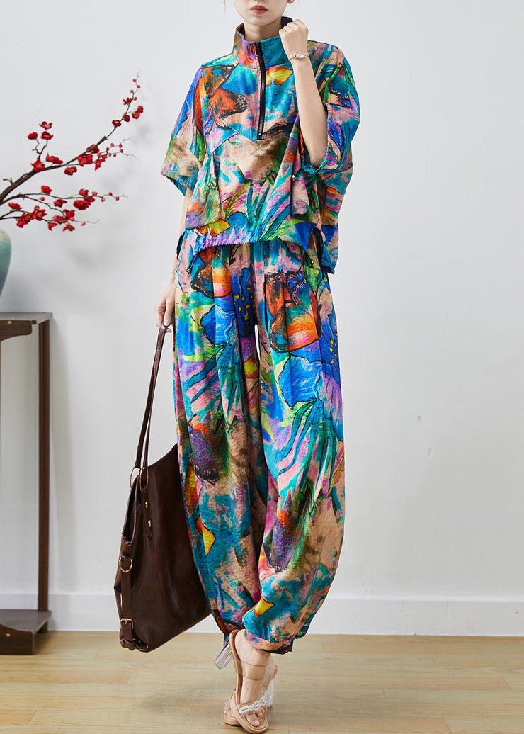 Royal Blue Graffit Print Chiffon Two Pieces Set Zip Up Summer