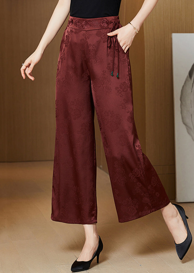 Rust Pockets Silk Wide Leg Pants Elastic Waist