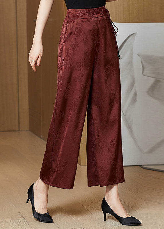 Rust Pockets Silk Wide Leg Pants Elastic Waist