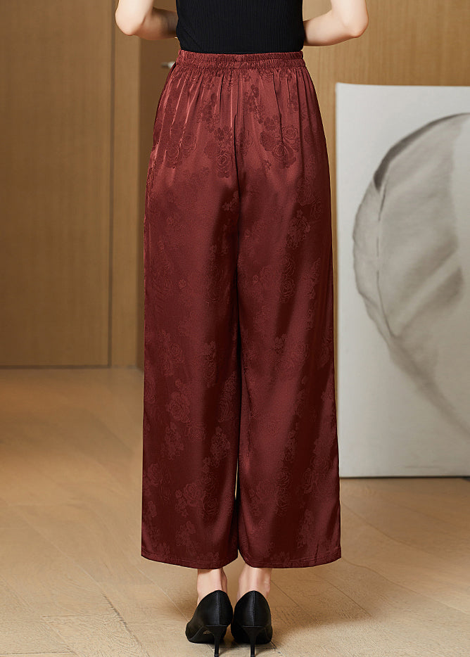 Rust Pockets Silk Wide Leg Pants Elastic Waist