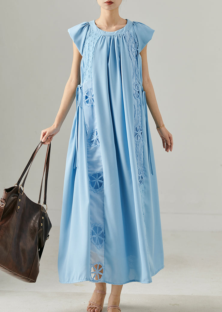 Sea Blue Patchwork Lace Cotton Long Dresses Embroidered Summer