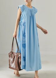 Sea Blue Patchwork Lace Cotton Long Dresses Embroidered Summer