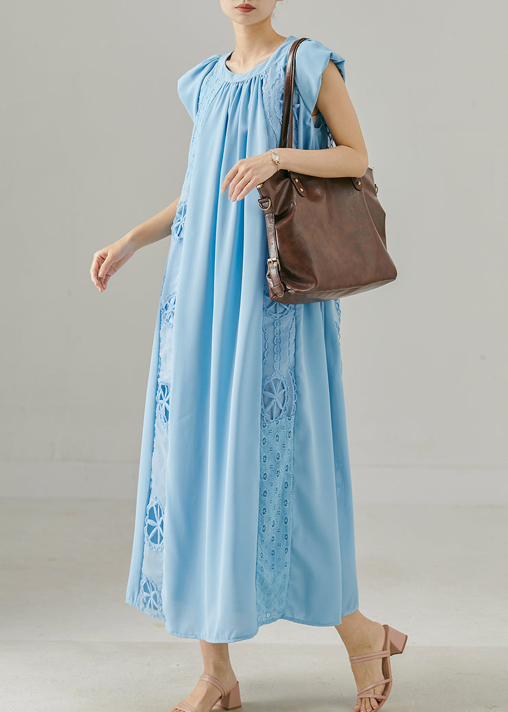 Sea Blue Patchwork Lace Cotton Long Dresses Embroidered Summer