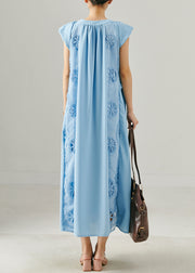 Sea Blue Patchwork Lace Cotton Long Dresses Embroidered Summer