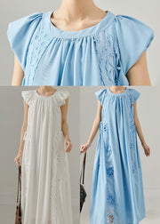 Sea Blue Patchwork Lace Cotton Long Dresses Embroidered Summer