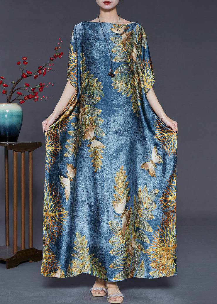 Sea Blue Print Silk Beach Dresses Side Open Batwing Sleeve