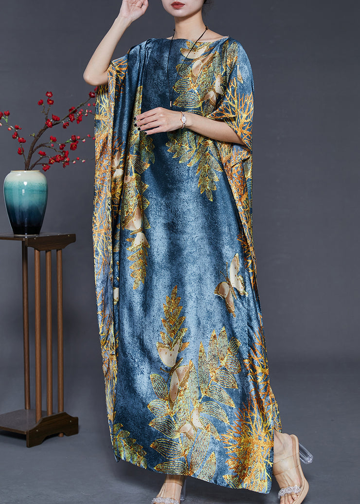 Sea Blue Print Silk Beach Dresses Side Open Batwing Sleeve