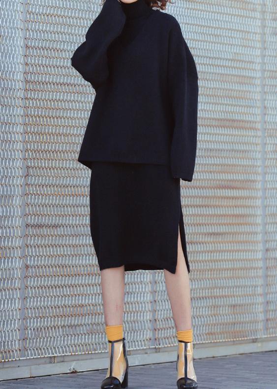 Set female 2019 large size turtleneck sweater suit skirt black two-piece long paragraph over the knee