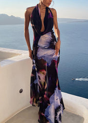 Sexy Backless Lace Up Print Maxi Dresses Sleeveless