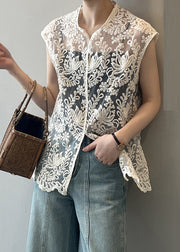 Sexy Beige V Neck Embroidered Floral Hollow Out Shirts Summer