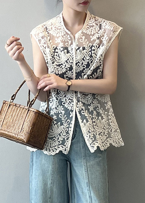 Sexy Beige V Neck Embroidered Floral Hollow Out Shirts Summer
