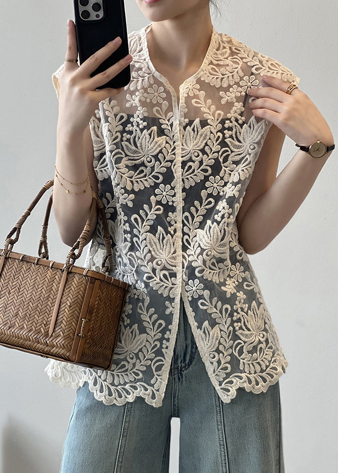 Sexy Beige V Neck Embroidered Floral Hollow Out Shirts Summer