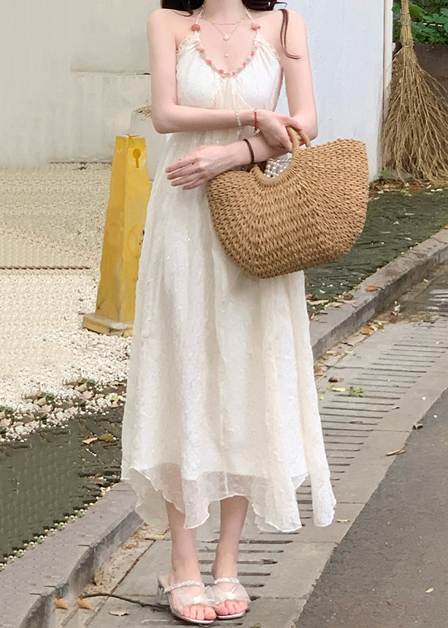 Sexy Beige V Neck Lace Up Patchwork Chiffon Dress Sleeveless