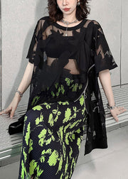 Sexy Black Asymmetrical Embroidered Patchwork Lace T Shirt Summer