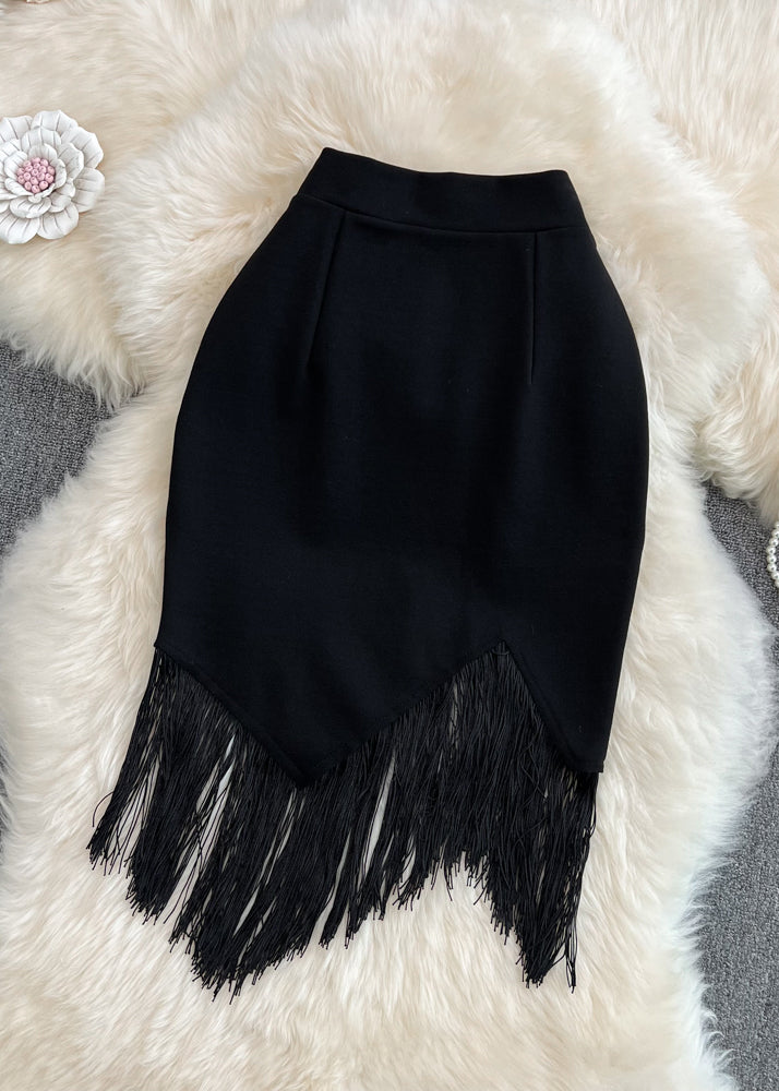 Sexy Black Asymmetrical High Waist Tassel Skirt Spring