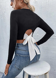 Sexy Black Backless Bow Cotton Tops Spring