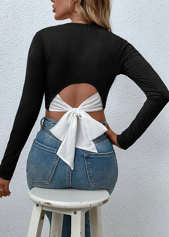 Sexy Black Backless Bow Cotton Tops Spring