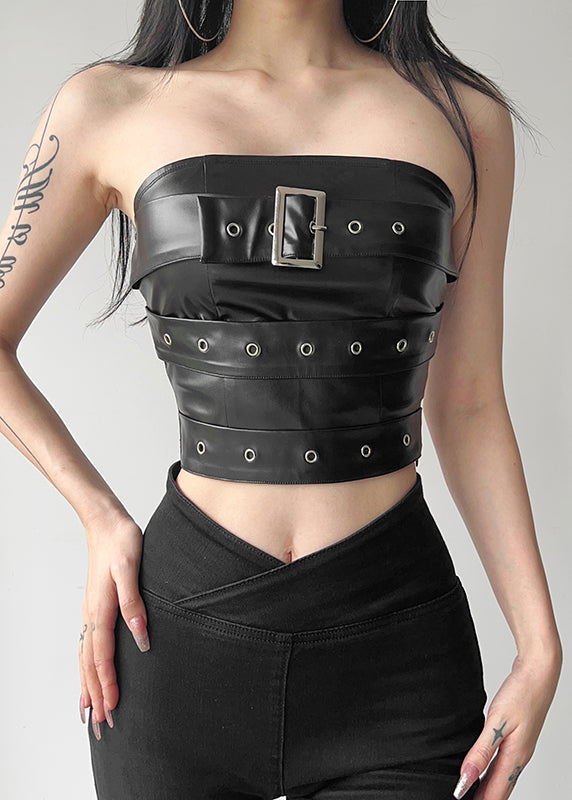 Sexy Black Backless Faux Leather Short Strapless Top