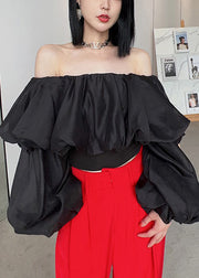 Sexy Black Cold Shoulder Wrinkled Chiffon Blouses Spring