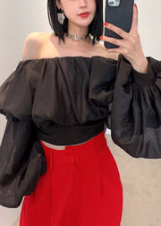 Sexy Black Cold Shoulder Wrinkled Chiffon Blouses Spring