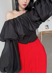 Sexy Black Cold Shoulder Wrinkled Chiffon Blouses Spring