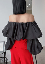 Sexy Black Cold Shoulder Wrinkled Chiffon Blouses Spring