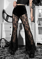 Sexy Black High Waist Lace Patchwork Silk Velvet Flared Trousers Spring