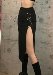 Sexy Black High Waisted Pin Embellished Split Buttocks Skirts Summer