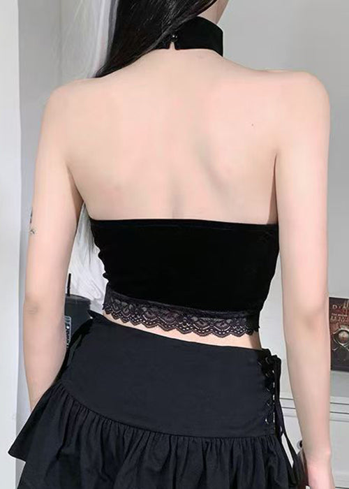 Sexy Black Hollow Out Lace Patchwork Silk Velour Tank Sleeveless