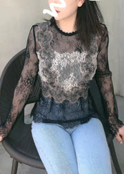 Sexy Black Hollow Out O-Neck Embroideried Lace Top Long Sleeve