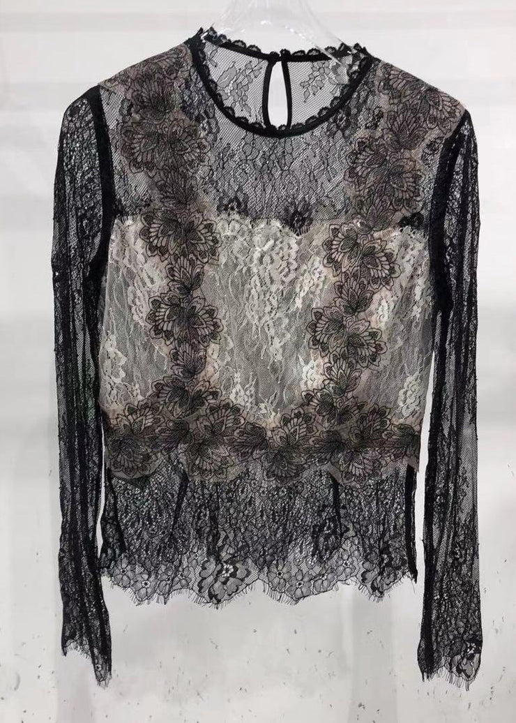 Sexy Black Hollow Out O-Neck Embroideried Lace Top Long Sleeve