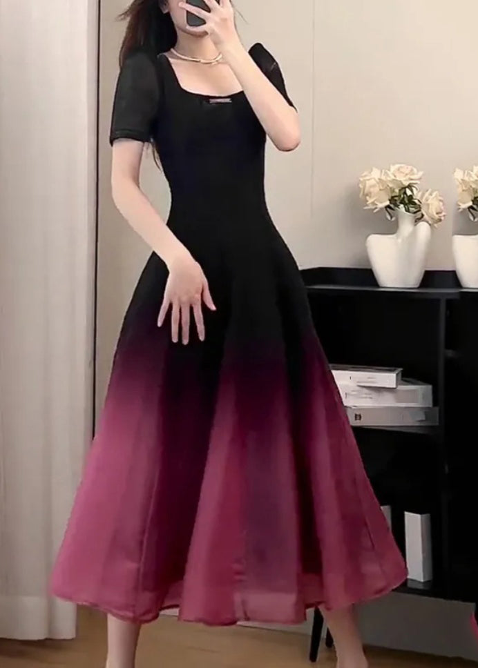 Sexy Black O-Neck Gradient Color Long Dresses Short Sleeve