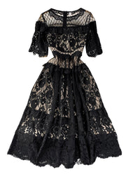 Sexy Black O-Neck Hollow Out Tunic Lace Long Dress Short Sleeve