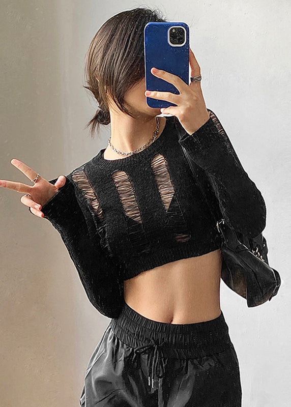 Sexy Black O-Neck Tie Waist Hollow Out Knit Tops Long sleeve