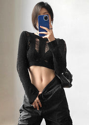 Sexy Black O-Neck Tie Waist Hollow Out Knit Tops Long sleeve