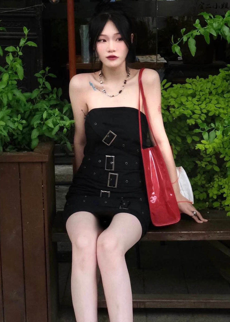 Sexy Black Original Design Slim Fit Cotton Mid Wraped Dress Sleeveless