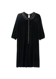 Sexy Black Peter Pan Collar Button Holiday Maxi Dress Fall