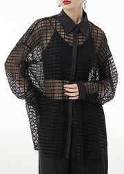 Sexy Black Peter Pan Collar Hollow Out Patchwork Lace Shirts Long Sleeve