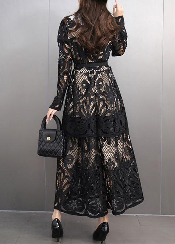 Sexy Black Peter Pan Collar Lace Long Dress Spring