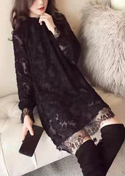 Sexy Black Ruffled Hollow Out Lace Mid Dress Spring