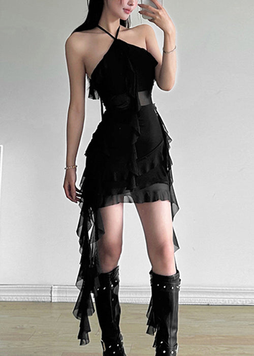 Sexy Black Ruffled Lace Up Tulle Mid Dress Sleeveless