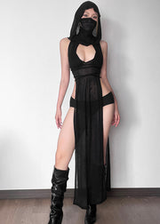 Sexy Black Side Open Hollow Out Hooded Sleeveless Dress