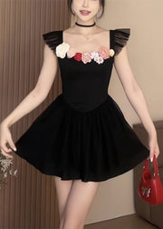 Sexy Black Square Collar Solid Cotton Mid Dress Summer
