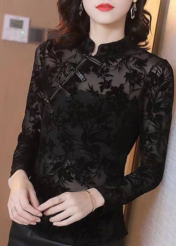 Sexy Black Stand Collar Embroidered Lace Top Fall