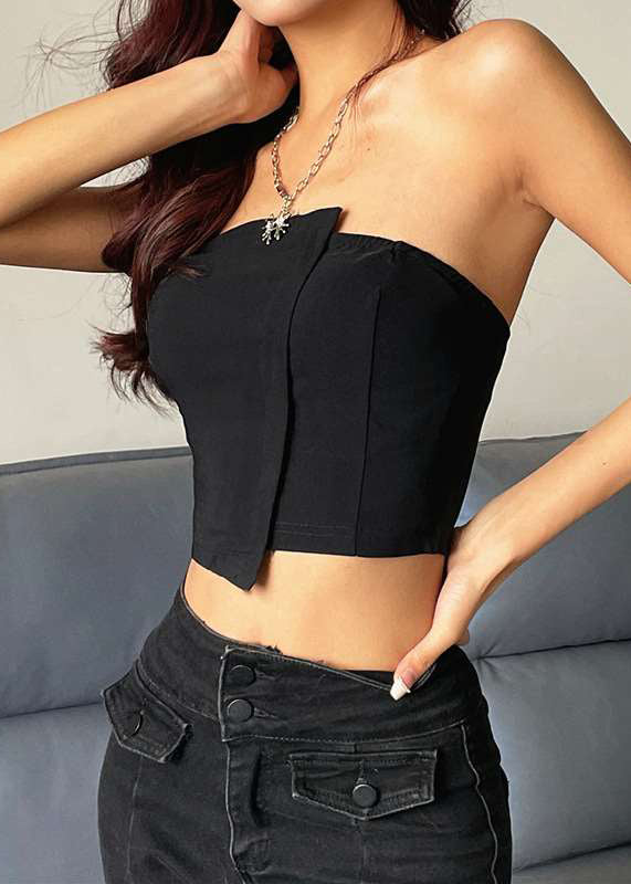 Sexy Black Strapless Solid Cotton Tank Sleeveless