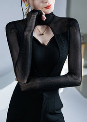 Sexy Black Turtleneck Hollow Out Patchwork KnitTop Fall