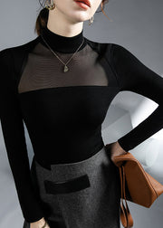 Sexy Black Turtleneck Solid Tulle Tops Bottoming Shirt