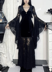 Sexy Black V Neck Lace Patchwork Silk Velvet Long Dresses Flare Sleeve