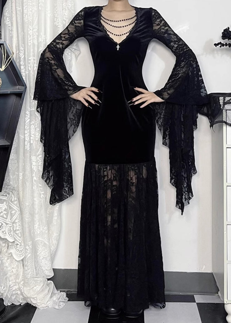 Sexy Black V Neck Lace Patchwork Silk Velvet Long Dresses Flare Sleeve